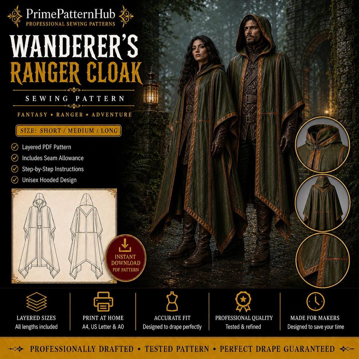 Hooded Ranger Cloak – PDF sewing pattern